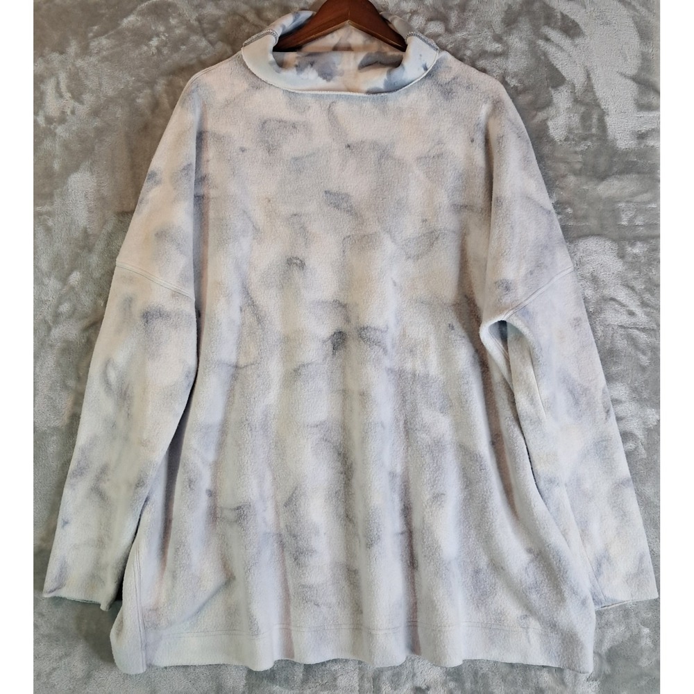 Free People Fleece Pullover Sweatshirt L Grey White Cloud Tie Dye Funnel Neck
